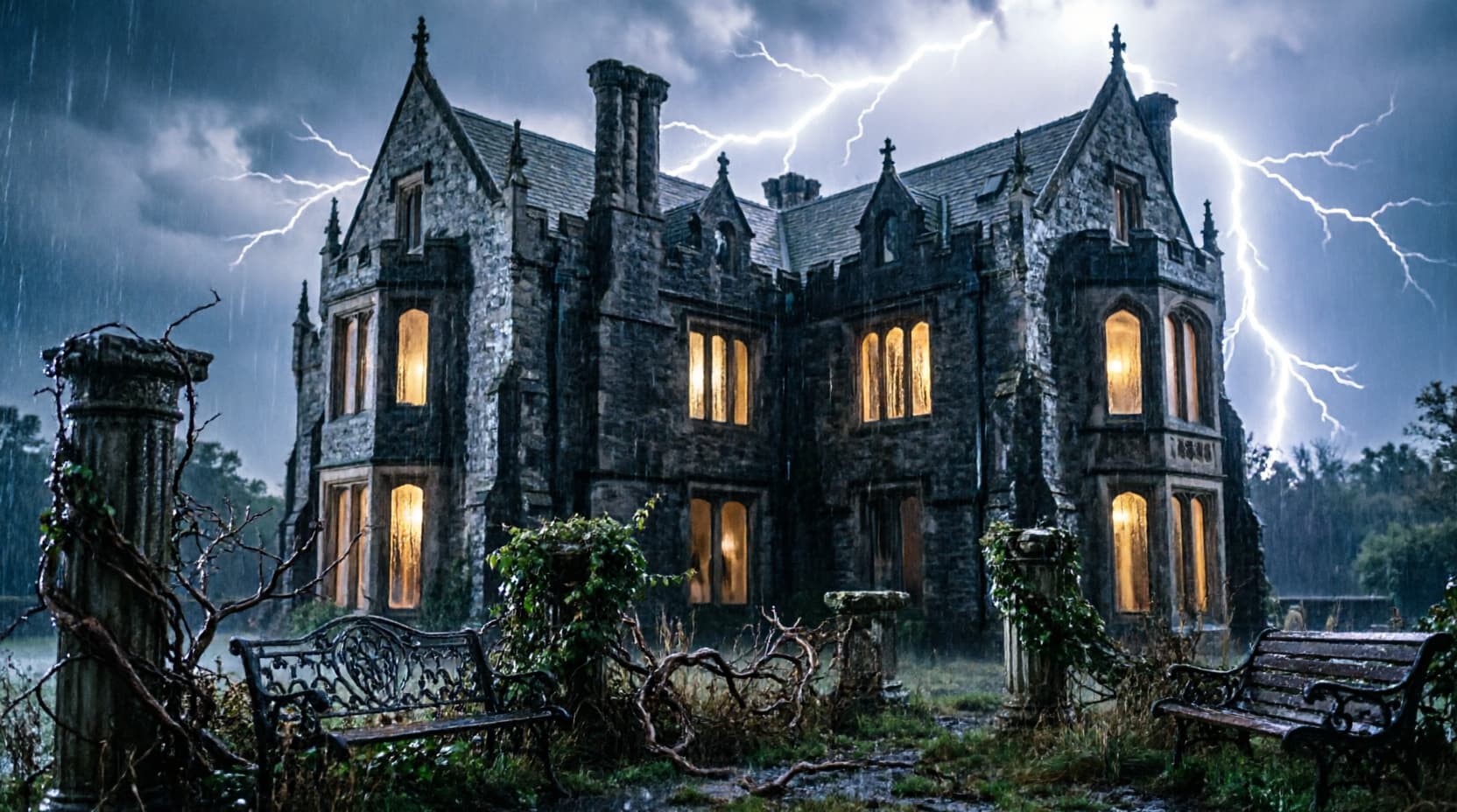 A Victorian manor during a thunderstorm